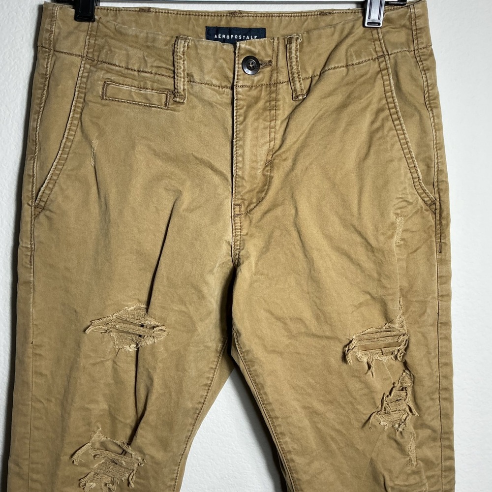 Aeropostale Chinos Mens 29/30 Khaki Tan Slim Straight Distressed Ripped‎ Pants